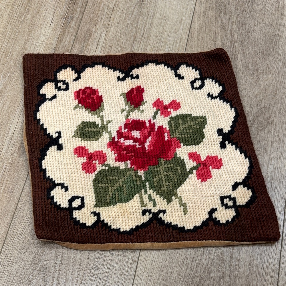 Vintage Rose Needlepoint Pillow Cover in Brown and Cream